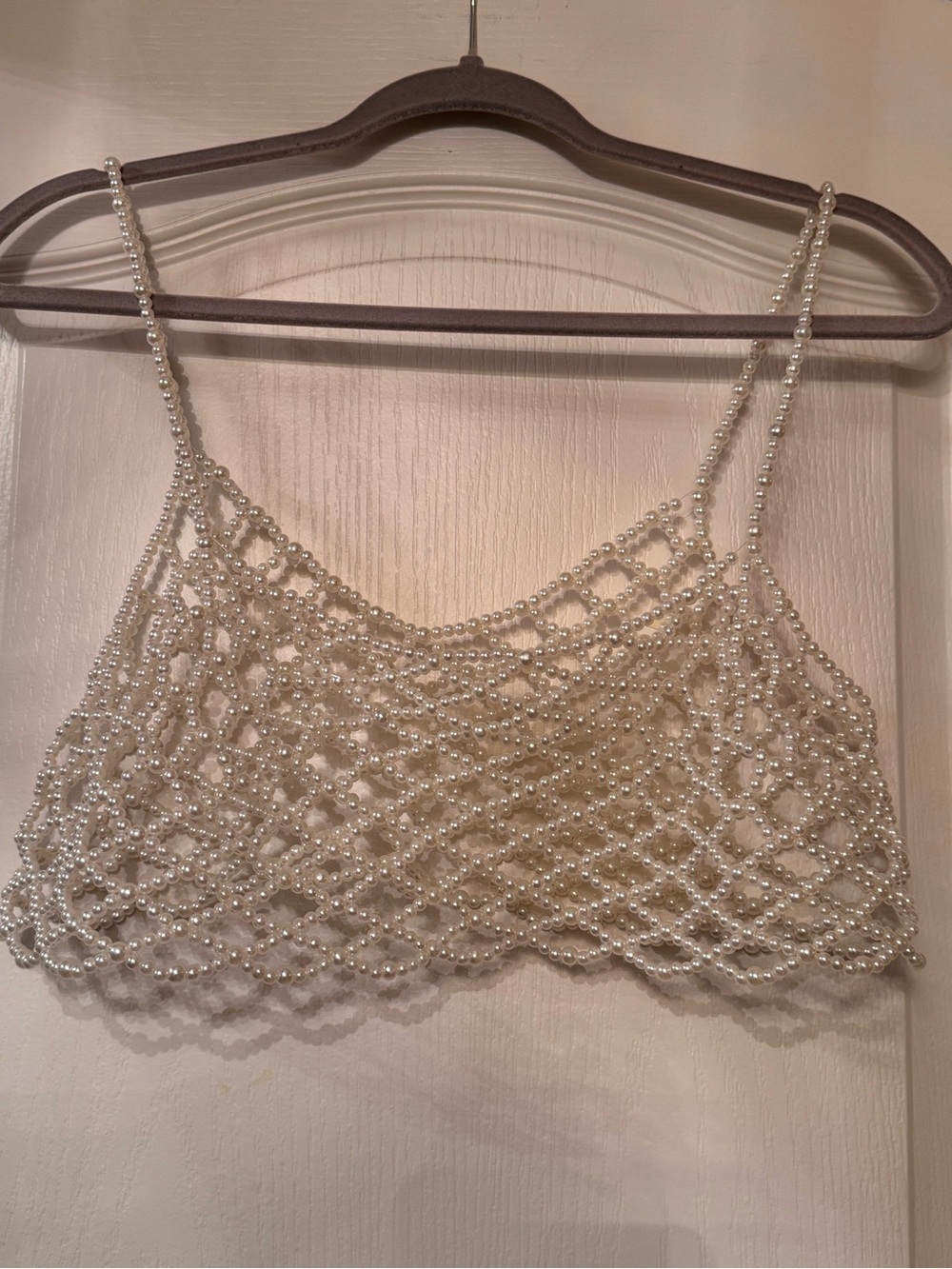 Beaded Pearl Crochet Crop Top - Cream
